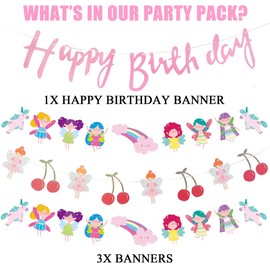 4 Stück Feen Geburtstag Deko Girlande Mädchen - Fee Party Dekoration Geburtstagsgirlande und Happy Birthday Banner, Hängdeko Garland für Kindergeburtstag Dekorationen