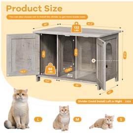 Shintenchi Cat Littler Box Enclosure, Litter Box Furniture Hidden with Removable Divider, Cat House with End Table, Grey