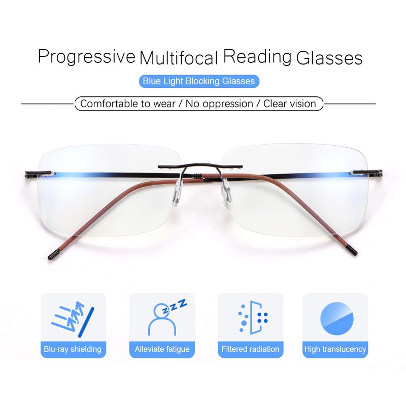 Rimless Progressive Multifocus Reading Glasses Blue Light Blocking No Line