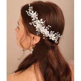 Xerling Bridal Silver Flower Hair Vine with Flower Hook Earrings Boho Rhinestones Headpieces Wedding Pearl Hair Accessories for Women Girls (Type C)