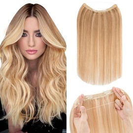 Silk-co Secret Wire In Hair Extensions No Clip Invisible Remy Human Hair One Piece Straight Natural Invisible Adjustable Secret Wire Hairpiece Extensions 14Inch-60g #12P613 Golden Brown&Bleach Blonde