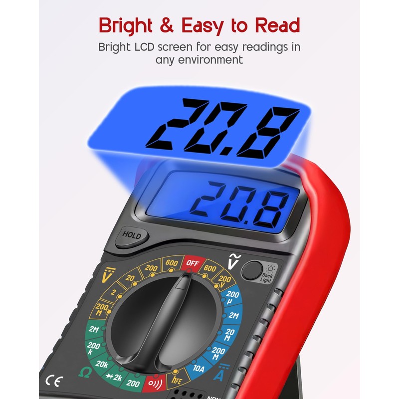 ULTRICS Digital Multimeter, Voltmeter Ammeter Ohmmeter with Test Leads Backlight