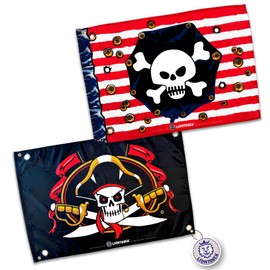 Liontouch Pirate Flag Set - Red Stripe & Captain Cross - 100 x 70 cm | For Indoor & Outdoor Play - Red/White Stripes & Black With Skull | Kid’s Adventure Toy Accessories for Sailing the Caribbean