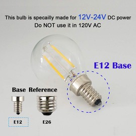 LED G14(G45) Globe Bulb, DC 12V / 24V Input, E12 Small Base, Dimmable with DC Dimmer, 2700K Warm White Light, 2W 200Lm, 25W Incandescent Replacement, for 12Volt Low Voltage Power, 2-Pack