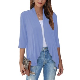 Bluetime Women Casual Loose Sunmer Cardigan Cover Up 3/4 Sleeve Draped Ruffles Soft Shrugs Blazer (S-3XL) (L, Light Blue)