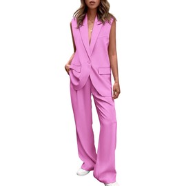 PRETTYGARDEN Women's 2 Piece Pant Suit Dressy Button Up Vest Blazer and Long Pants Set Business Casual Outfits (Pink,Large)