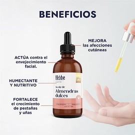 HEBBE | Aceite De Almendras Dulces 120 ml | Orgánico Y Vegano Para Piel Y Cabello | Hidratante Natural Anti Envejecimiento Facial | Fortalece Pestañas Y Uñas