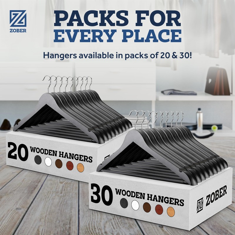 Zober Black Wooden Hangers - 20 Pack, Heavy Duty, Non