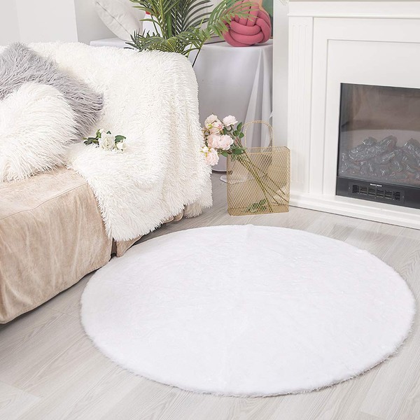 JXLOULAN Faux Rabbit Fur Area Rug- 90cm Soft Fluffy Round Rugs Anti-Skid Carpet for Living Room Bedroom Sofa Nursery Rugs