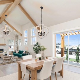 Rviezza 21'' Farmhouse Wood Chandelier, 6-Light Distressed White Dining Room Light Fixture, Adjustable Height Rustic Wood Orb Chandelier for Kitchen Island Foyer Living Room Bedroom Entryway