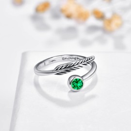 Birthstone Adjustable Open Feather Ring 925 Sterling Silver Birth Stone Ring Jewelry Gift Birthday Gift for Mom Women Wife Girls (L-emerald ring)
