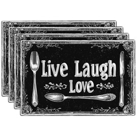 Black and White Placemats Set of 4, Live Laugh Love Table Mats Washable Place Mats for Farmhouse Home Party Kitchen Dining Indoor Outdoor Restaurants 12x18 Inch