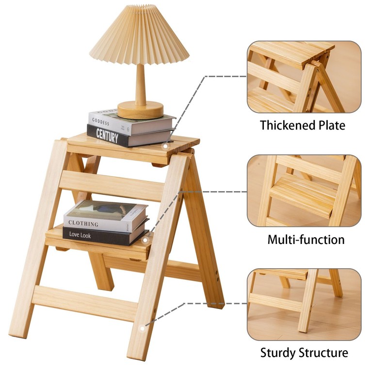 Latifolia Foldable 2 Step Stool, Wooden Step Stool with Floor