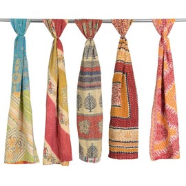 Mango Gifts Vintage Sari Kantha Work Scarf Neck Wrap Stole 100% Cotton Hand Quilted Women Scarves, Boho Fashion, Reversible, Size 18 x 72 Inch Pack of 5 Pieces, Multi, 18"x72" Inches Approx
