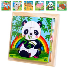 Wooden Picture Cube, 3D Cube Puzzle, Puzzle Games, 6-in-1 Animal Motifs with 16 Cubes, Wooden Puzzle Montessori Toy for Children from 1 2 3 4 Years