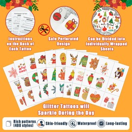 Partywind Glitter Kids Tattoos for Christmas Stocking Stuffers, 408 Styles Merry Christmas Party Decorations, Xmas Holiday Party Supplies, Santa Snowman Snowflakes Goodie Bag Fillers