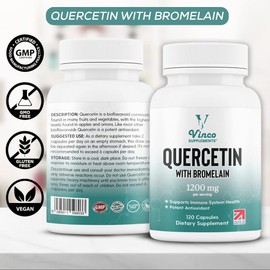 Vinco Quercetin with Bromelain Supplement - 1000mg Quercetin & 200mg Bromelain Per Serving – 120 High Strength Capsules - for Immune Support – Non-GMO & Gluten Free