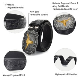 Bawnhaw Western Cowboy-Belts for Men Women Big-Buckle Longhorn-Bull PU-Leather Rodeo Cowgirl-Belt Engraved Floral Black - Waist 25-29",7H