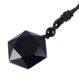 SUNYIK Natural Star of David Crystal Pendant Necklace for Women Men, Hexagram Star Stone Necklace for Unisex, Adjustable 18''-28'' Strand, Black Obsidian