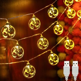 alikiki OM Symbol Diwali String Lights - USB Powered Metal Gold Warm White LED Electric Diyas for Diwali Gifts, Mandir, Temple, Altar, Shrine - Reusable Hindu Festival Wedding Puja Items(2-Pack)
