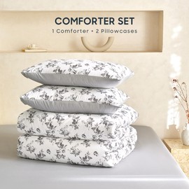 Wake In Cloud - Cottagecore Comforter Set, Floral Vintage Flower Shabby Chic Coquette Aesthetic for Women Teen Girls, Soft Lightweight Dorm Bedding, 3 Pieces, Dark Gray, Queen Size
