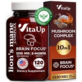 VitaUp Lions Mane Supplement Capsules - USA Made 10 in 1 Mushroom Supplement - Mushroom Complex with Lions Mane, Cordyceps, Turkey Tail, Reishi, Shiitake for Cognitive & Immune Support - 120 Count