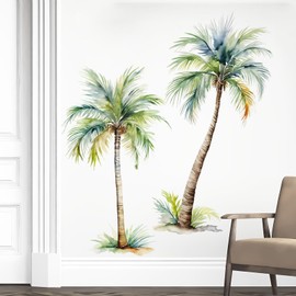 Tanlaby Wall Sticker Palm Tree Large Tree Wall Sticker Tropical Plants Green Wall Stickers Watercolour Palm Trees Wall Sticker Coconut Tree Tropical Wall Sticker for Living Room Bedroom Hallway