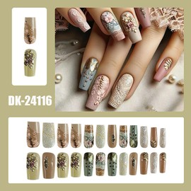 CJDLTS Flower Press on Nails Medium Ballet Shaped Rose Floral Lace Pattern Design Full Cover Glossy Acrylic False Nail Artificial Press Ons Fake Nail DIY Reusable Glue on Nails for Women 24Pcs