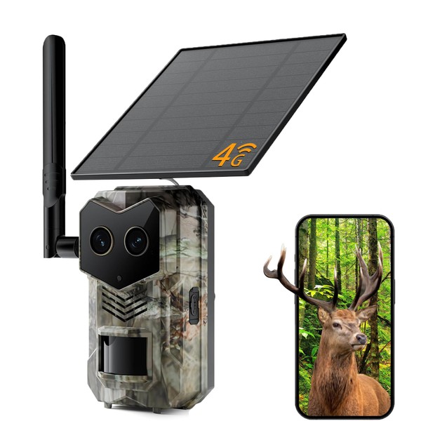 Solar 4G LTE Cellular Trail Camera, Dual Lens Deer Camera