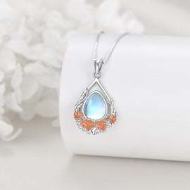 YAFEINI Birth Flower Necklace Hibiscus Sterring Silver Moonstone Pendant Gifts for Women Girls TearDrop Pendant Jewelry, 18+2, Sterling Silver, Moonstone