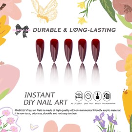 Long Press on Nails Stiletto MABKJLF Red Fake Nails Solid Colour False Nails Wine Red Full Cover Glossy Stick on Nails Glue on Nails for Women Girls 24Pcs