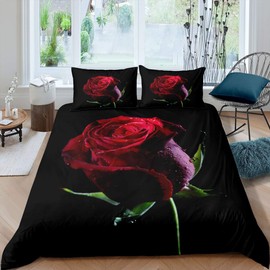 Loussiesd 3D Red Rose Duvet Cover Women Rose Floral Print Bedding Set Romantic Flowers Pattern Comforter Cover for Girls Adults Bedroom Decor Botanical Branches Bedspread Single With 1 Pillow Case