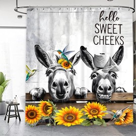 Famiffty Farmhouse - Cortina de ducha de burro de 60 pulgadas de ancho x 72 pulgadas de largo, divertido animal de girasol, negro, blanco, gris, mejillas, pájaros, rústico, flores amarillas,