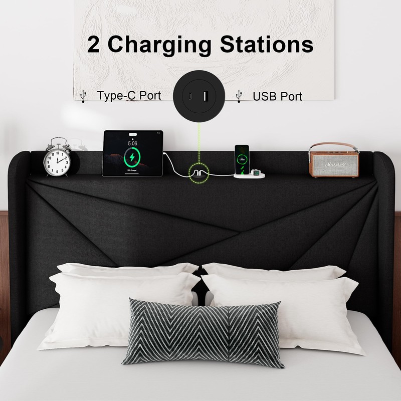 Feonase Full Size Bed Frame with Charging Station, Upholstered Platform