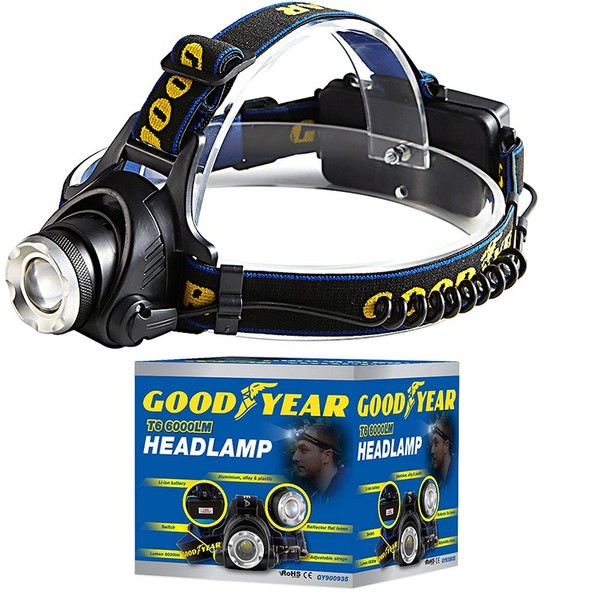 Goodyear Head Light Torch Lamp Headlamp LED Rechargeable Flashlight 6000 Lumen Multi Zoom X2000 Car Repair Camping Night Light Map Reading