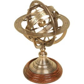 Antique Vintage Zodiac Armillary Decorative Globe with Wooden Base - 5 Inch Brass Sphere World Globe Zodiac Engraved Celestial, Antique Ship Decor