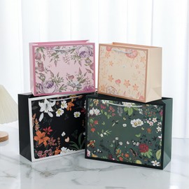 HANSWARE 4 Pack 9.6" Medium Brown Gift Bags with Handles,Vintage Flower Paper Gift Bag for Presents Cute Bags for Valentines,Wedding,Easter,Christmas,Baby Shower,Birthday Party,9.6"L x 3.7"W x 7.7"H