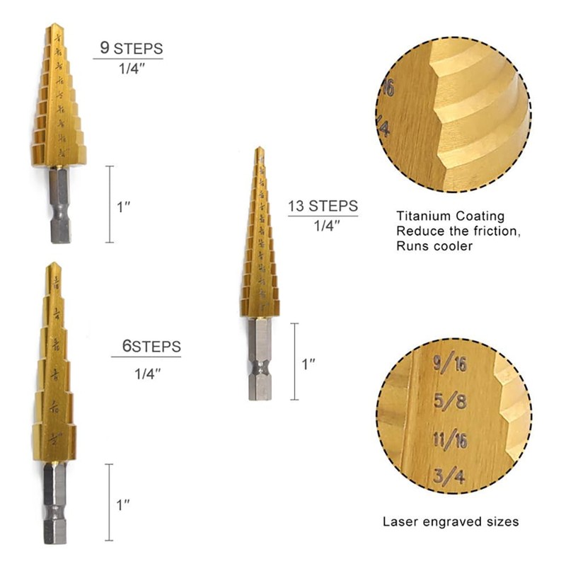 3Set Metric Titanium Coated Step Drill Bit Set, HSS Cone