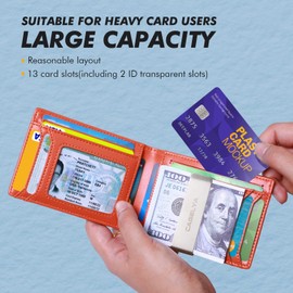 Cagelya Money Clip Wallet for Men Leather Mens Wallets Slim Minimalist Wallet for Men Bifold Mens Wallets Rfid Blocking Front Pocket Wallet with 13 Slots Credit Card Holder Gifts for Boyfriend Father, Carbon Black & Orange, Slim