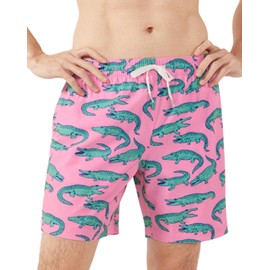 Chubbies Men’s Swim Trunks, Stretch Swimming Board Shorts, 7” Inseam, The Glades, Large Pink,Green