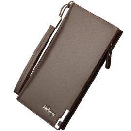 YUEcthynous Men's Long Leather Wallet - Large Wallet with Many Compartments Design, Lightweight 200 g Genuine Leather RFID Blocking Wallet for Men, Brown, Dark coffee, S