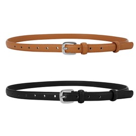 JASGOOD 2 Pack Women Thin Skinny Faux Leather Belt Waist Belt with Metal Pin Buckle for Dress Jeans Black+Brown Fit for Waist Size 37"-42"