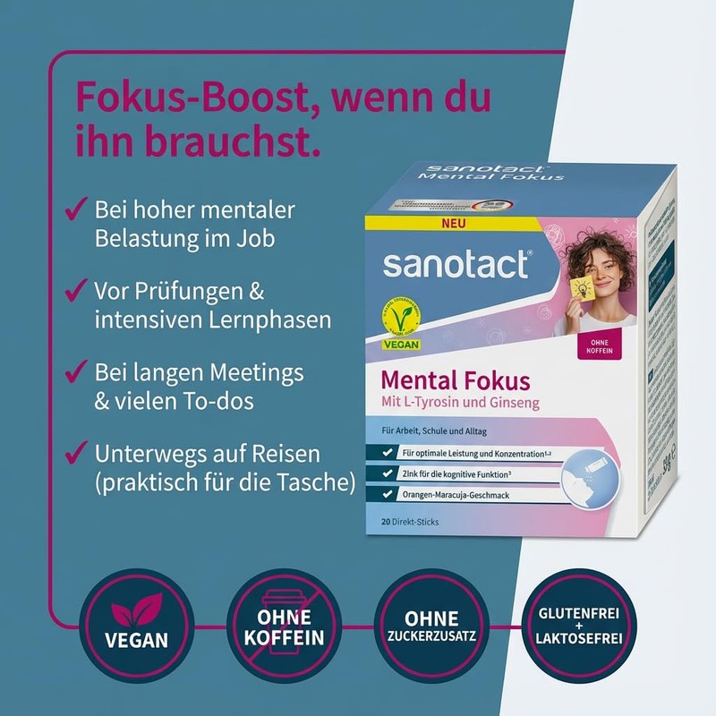 sanotact Mental Focus Direct Sticks - With L-Tyrosine, Ginseng &