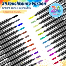 Moizkna 24 Textile Pens Machine Washable, Textile Paint Machine Washable, Washable Fabric Markers for T-Shirt Fabric Bags, Fabric Colouring Pens, Non-Toxic and Permanent, for Children and Adults