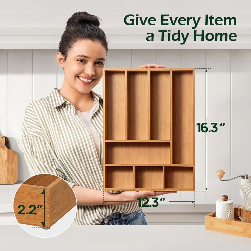 Carbonized Bamboo Kitchen Drawer Organizer, 8 Slots Silverware Organizer, Utensil