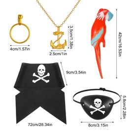 FRIUSATE 10Pcs Pirate Costume Accessories Set, Kids Adult Captain Costume, Pirate Head Scarf Eye Patches Earrings Pirate Necklace Inflatable Parrot for Party