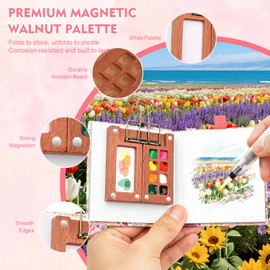 Portable Watercolor Painting Set, Mini Watercolour Kit with Durable 8 Grids Walnut Palette, 12 Vibrant Colors, 2 Water Brushes, Metal Clip & Sketchbook, Perfect for Outdoor Art, Journey Painting