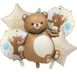 5PCS Matte Bear Birthday Party Balloons Set, Mylar Animal Big Brown Bear Theme Foil Balloons Party Decorations Birthday Party Supplies for Kids