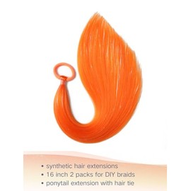 Orange Ponytail Hair Extensions for Braids Tie In, 2 Packs 16 inch Colored Festival Crazy Hair Day Accessories