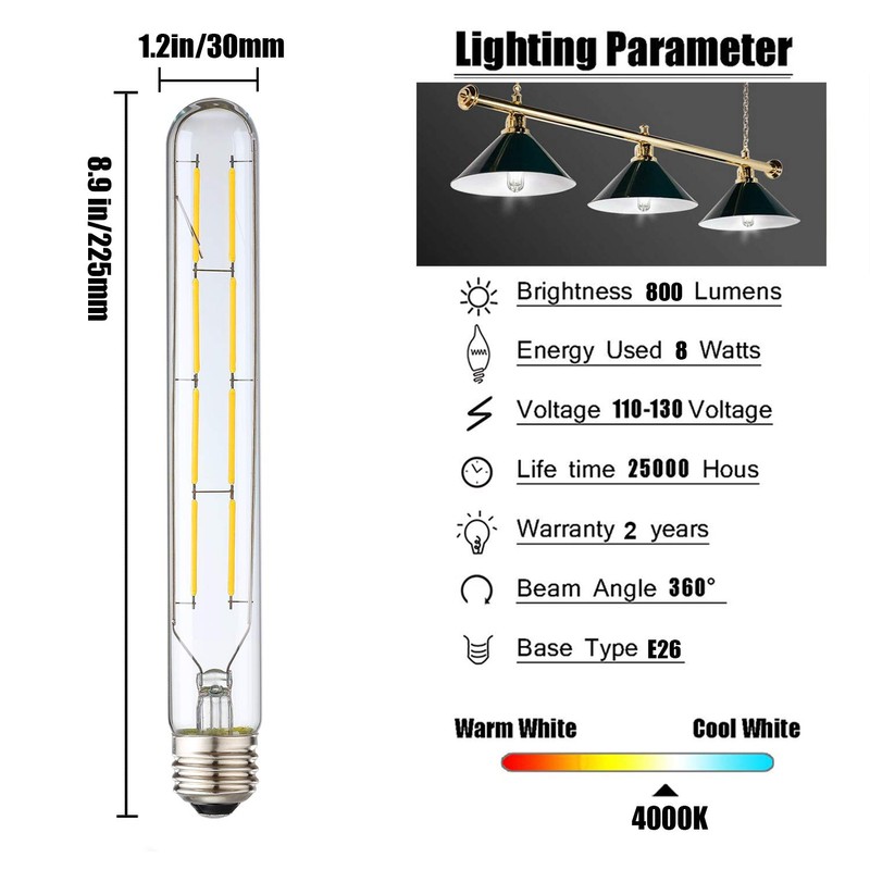 Leools 8W Dimmable Edison Led Tubular Bulb T10/T30,75 Watt Incandescent